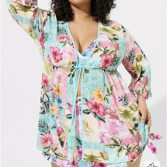 Torrid Tropical Floral Print Kimono Swim Cover-Up Sz 3/4 3X/4X Multicolor Crepe - Picture 1 of 12